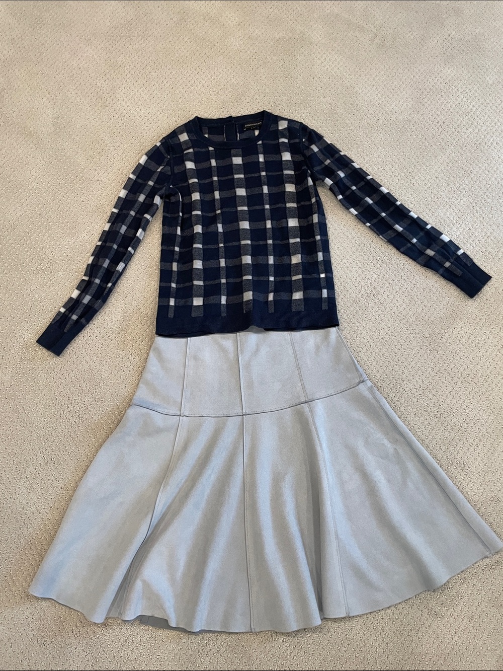 Banana Republic Navy & White Checkered Cardigan and Zara Powder Blue Skirt